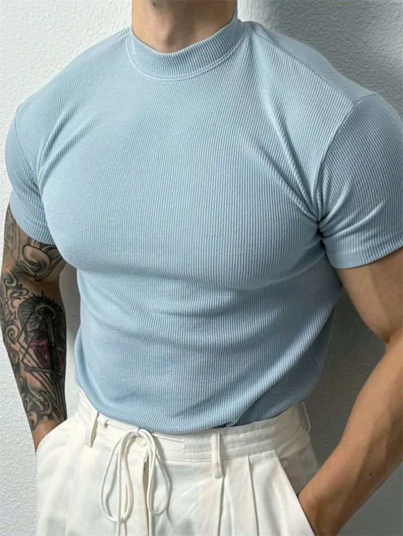 High Collar Stripe Fitness T-Shirt – Short Sleeve Sport & Leisure Top