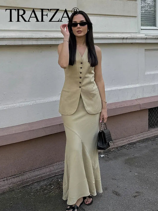Khaki Vest & High Waist Asymmetrical Skirt Set – Stylish Two Piece