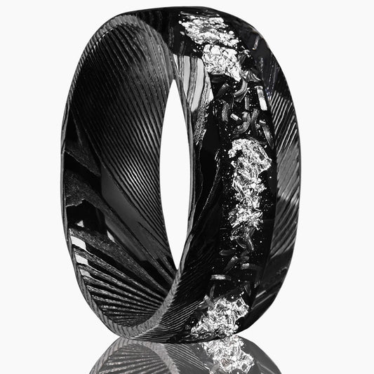 Damascus Steel Ring – 8mm Black Band with Silvery Foil Inlay, Wedding or Casual Wear