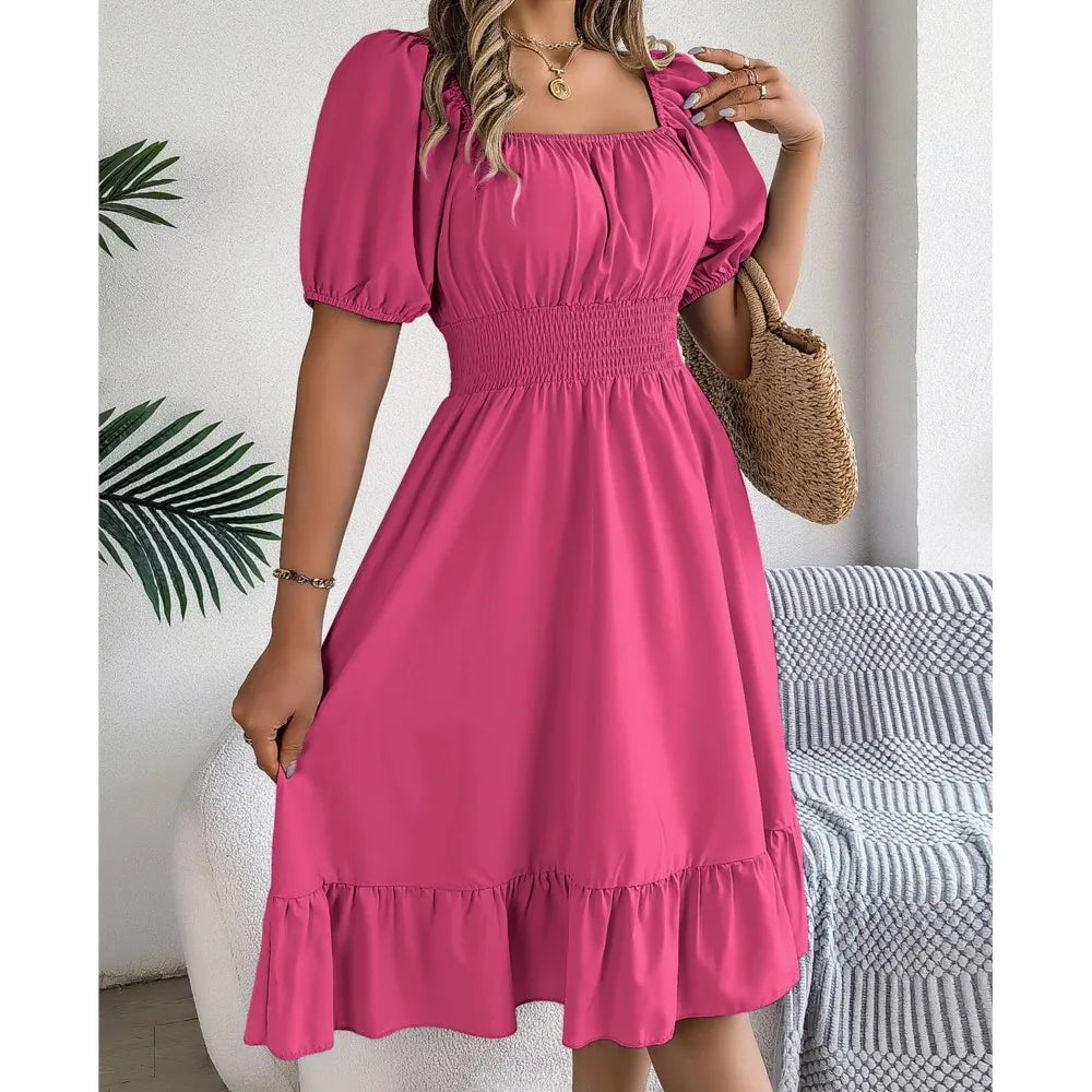 Casual Midi Dress — Square Neck, Short Sleeve, Waist Ruffle Edge