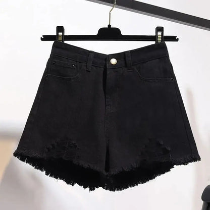 Cowboy Denim Shorts — Korean High Waist Tassel & Ripped Y2K