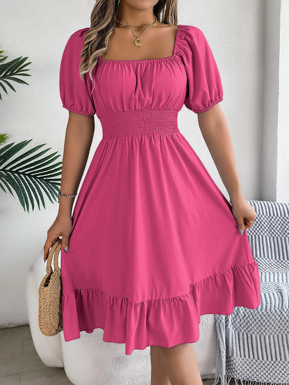 Casual Midi Dress — Square Neck, Short Sleeve, Waist Ruffle Edge