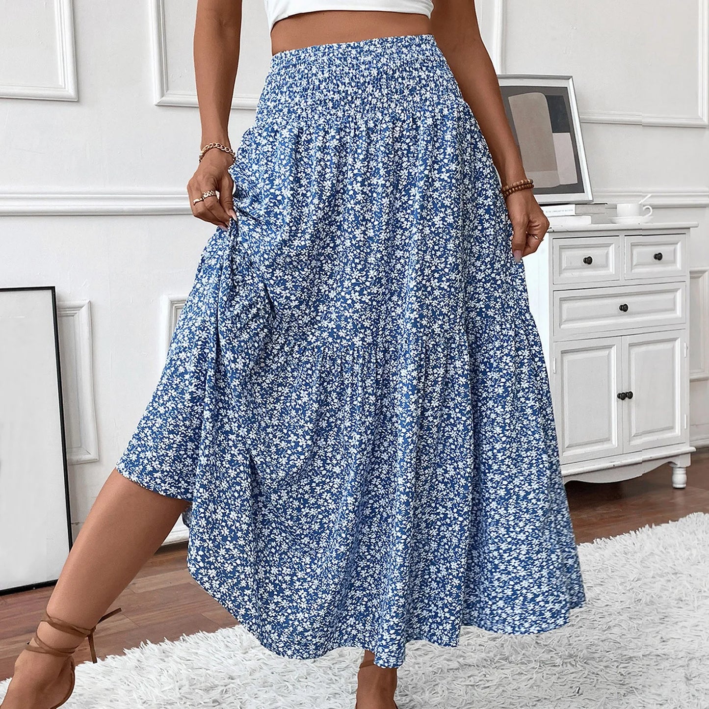 Pleated Floral Print A-Line Skirt — Elastic Waist Casual