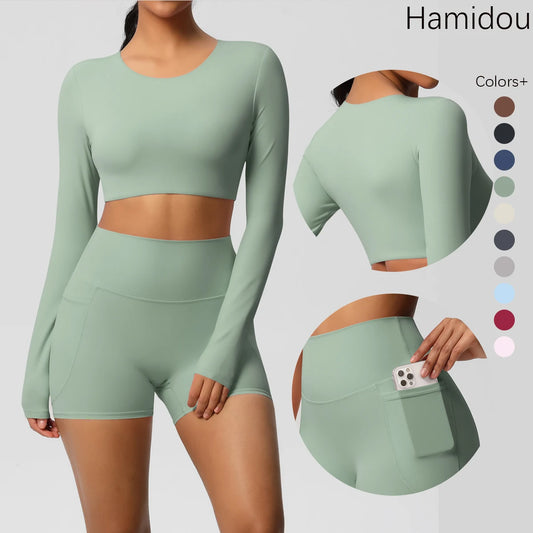 2-Piece Activewear Set — Long Sleeve Crop Top & High-Waist Yoga Shorts
