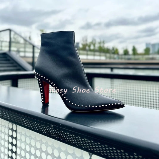 SpikeEdge | Black Leather Silver Stud Short Boots – Side Zip Ankle