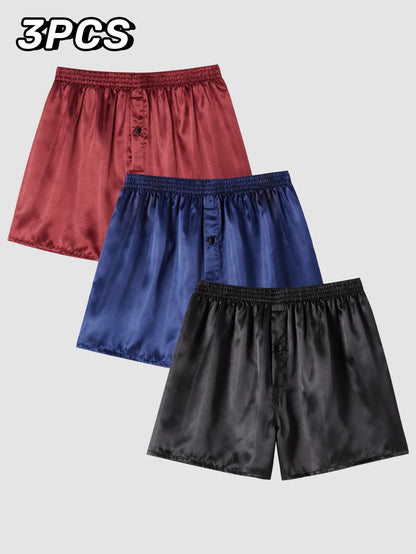3-Pack Satin Casual Boxer Shorts – Silk Feel Sleepwear with Elastic Waistband
