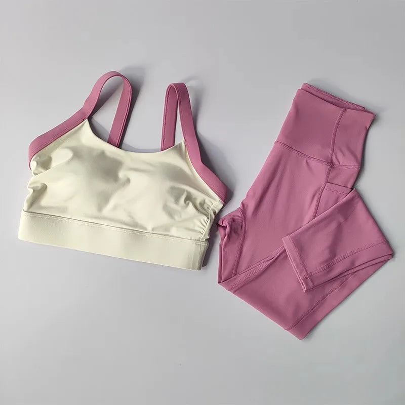 Colorblock Crossback Sports Bra & High-Waist Hip-Lift Fitness Pants Set — Seamless Activewear
