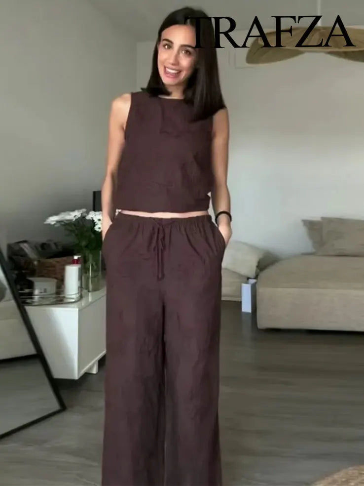 Embroidered Retro Set – Lace-up Vest & Summer Trousers