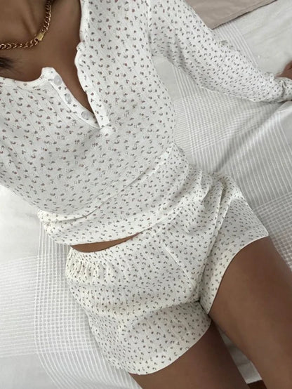 Eyelet Button Long Sleeve T-shirt & Shorts Set – Cotton Pajama