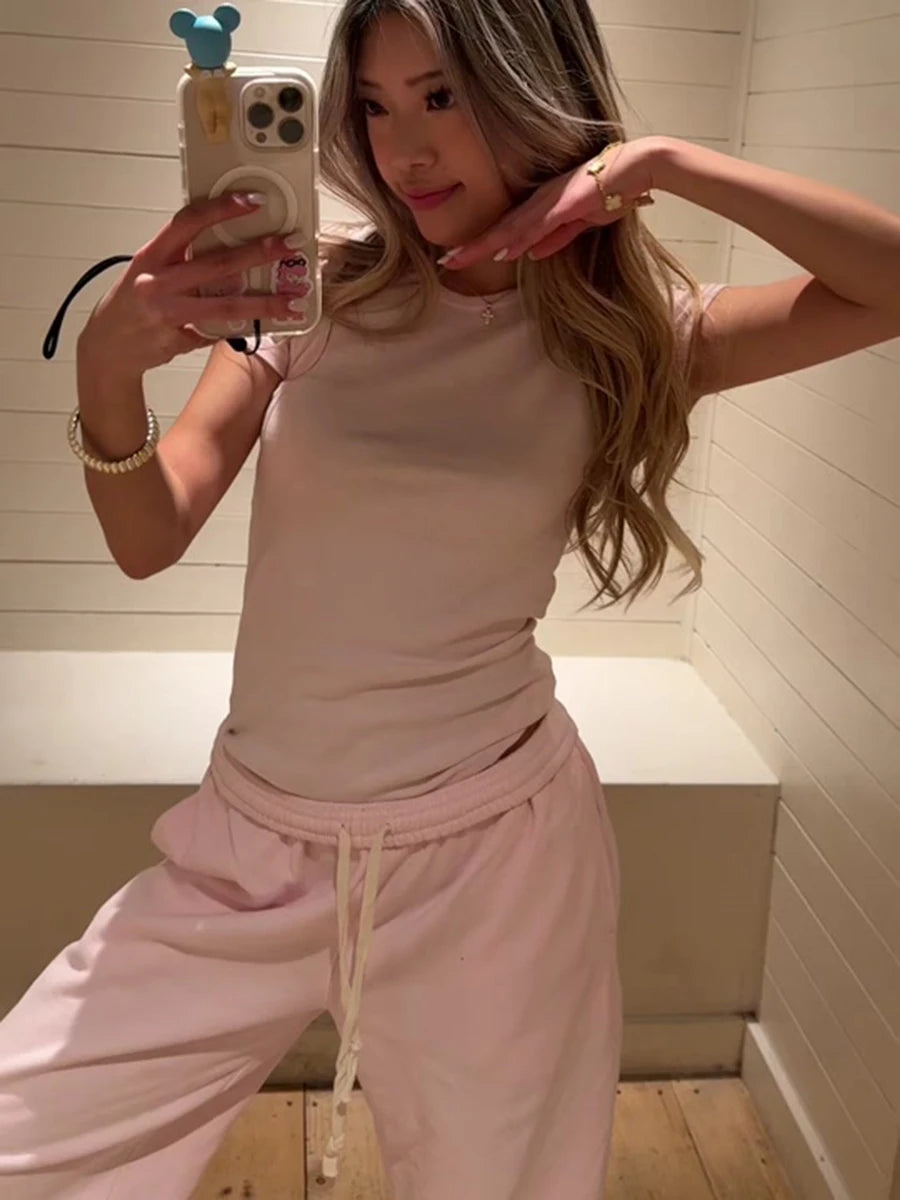 Pink Cotton O-neck T-shirt & Drawstring Sweatpants Set – Slim Fit Two Piece