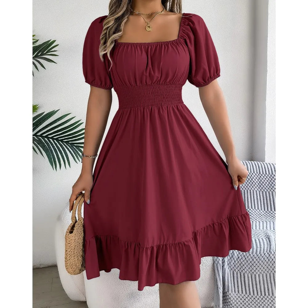 Casual Midi Dress — Square Neck, Short Sleeve, Waist Ruffle Edge
