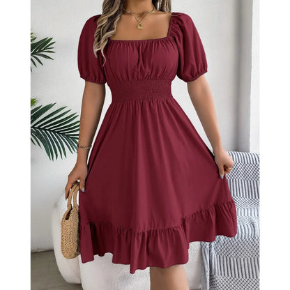 Casual Midi Dress — Square Neck, Short Sleeve, Waist Ruffle Edge