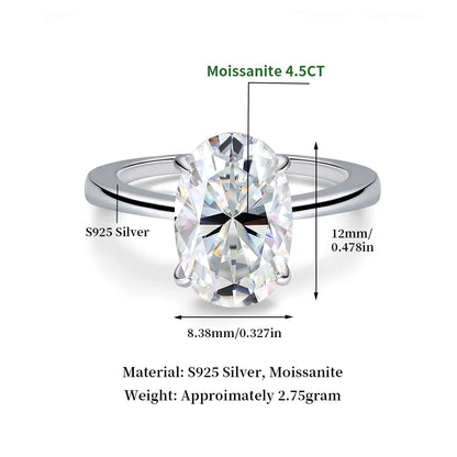 Certified 4.5CT Oval Moissanite Engagement Ring – 925 Sterling Silver