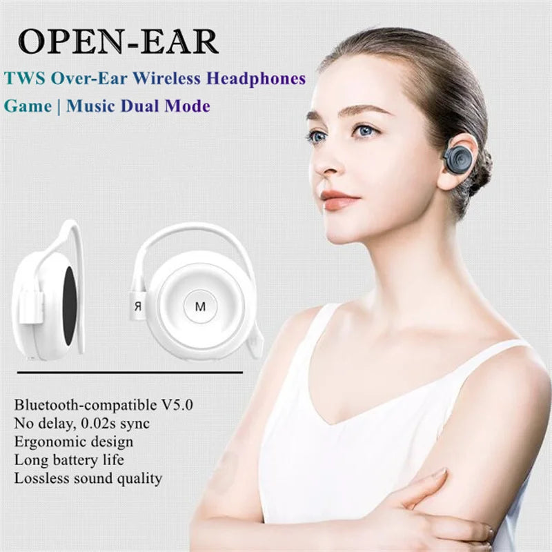 TWS Over-Ear Wireless Headphones Bluetooth 5.0 – Som Lossless, Gancho para Ouvido e Dual Mode para Jogos e Música