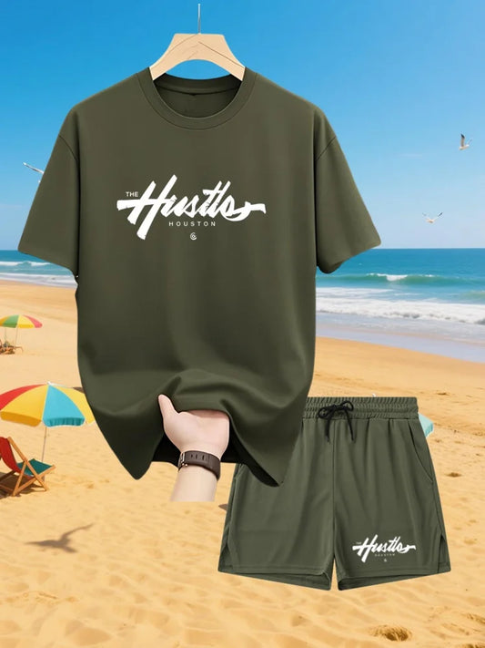 Letter Print Quick-Dry T-Shirt & Shorts Set