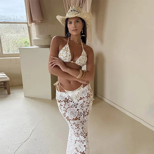 3-Piece Lace Bikini Set with Halter Top & Skirt