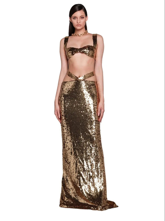 Brown Glitter Maxi Skirt Set