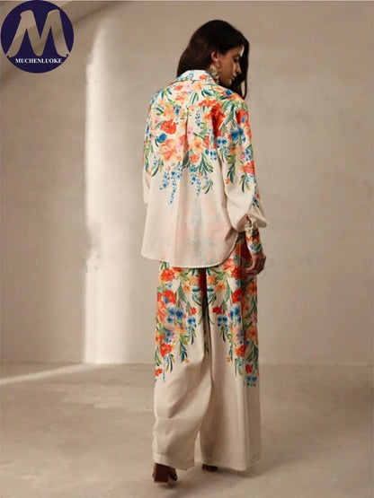 Printed Resort Set – Long Sleeve Shirt & Wide Pants
