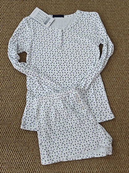 Eyelet Button Long Sleeve T-shirt & Shorts Set – Cotton Pajama