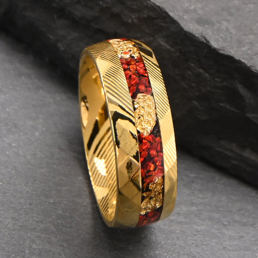 18K Gold Plated Damascus Ring – Red Opal Inlay 8mm Band