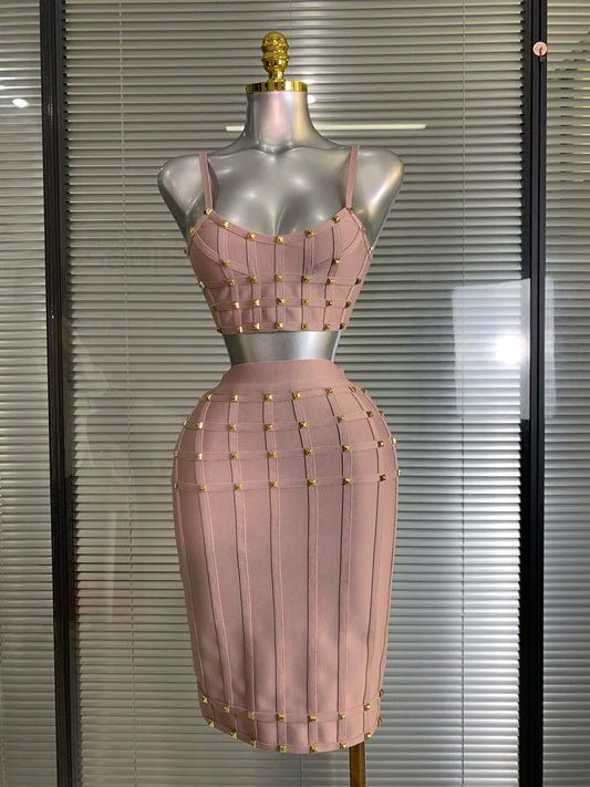 Pink Rivet Bandage Skirt Set