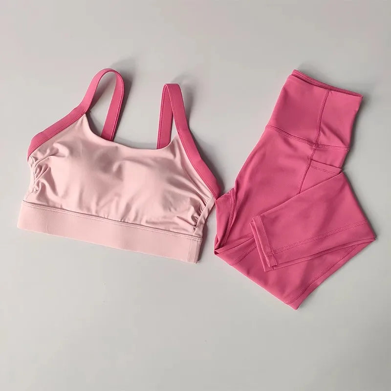 Colorblock Crossback Sports Bra & High-Waist Hip-Lift Fitness Pants Set — Seamless Activewear